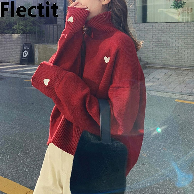 Flectit Womens Roll Neck Jumper Turtleneck Sweater with Embroidered Heart Lazy Oversized Chunky Knit Pullovers