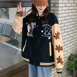 Back to School Vintage Bear Embroidery Baseball Uniform Women Single Breasted Splice Loose Jackets 2022 Korean Style Streetwear Casual Coats
