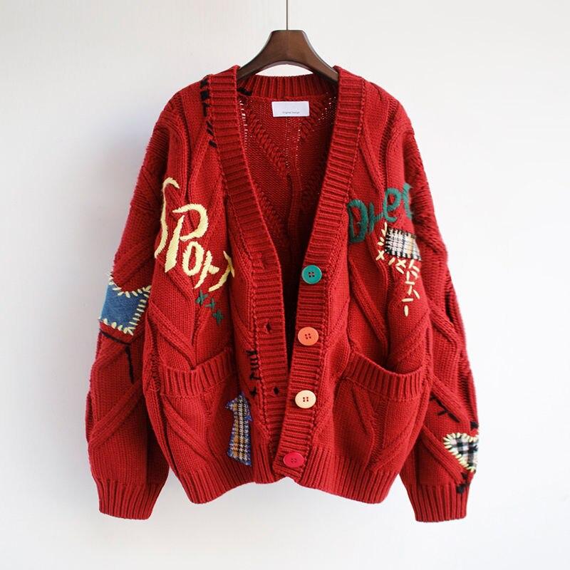 Christmas Gift Fashion Knit Cardigans Coat Ladies Loose Autumn Winter Sweaters Woman's Cardigan Warm Knitted Sweater Pocket Embroidery  Jacket1119