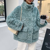 Christmas Gift Ptslan 2020 Genuine Wool Soft Winter Button   Stand Collar  Jackets Real Shearing Sheep fur Coats Winter Patch PocketP5859
