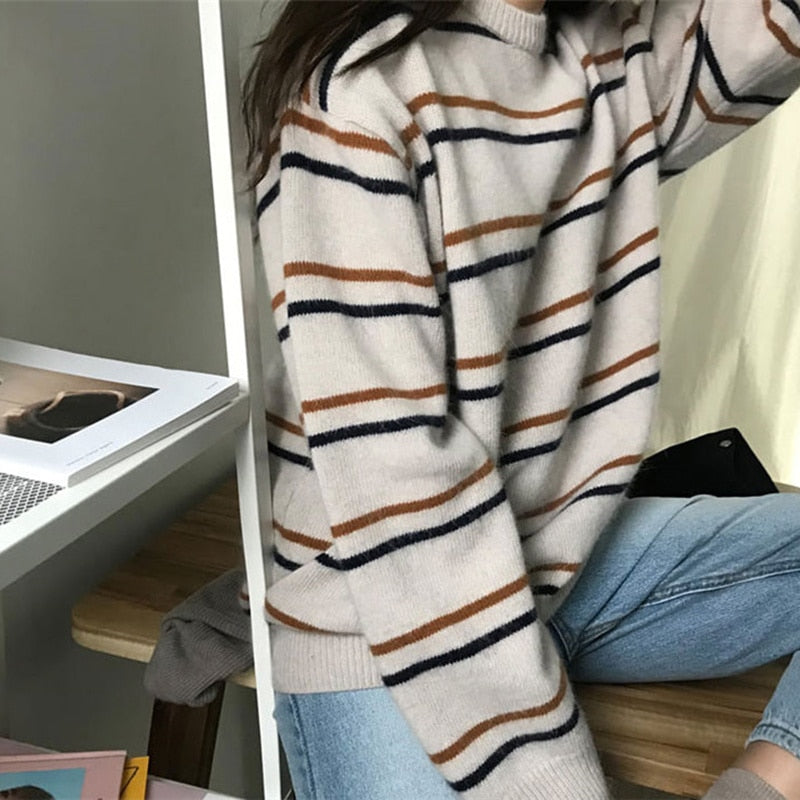 PENERAN 2022  Pullovers Women Soft Autumn Sweaters Daily Tops Womens Pullover Sweet Student Striped Harajuku Knitted Loose Outwear Sweater
