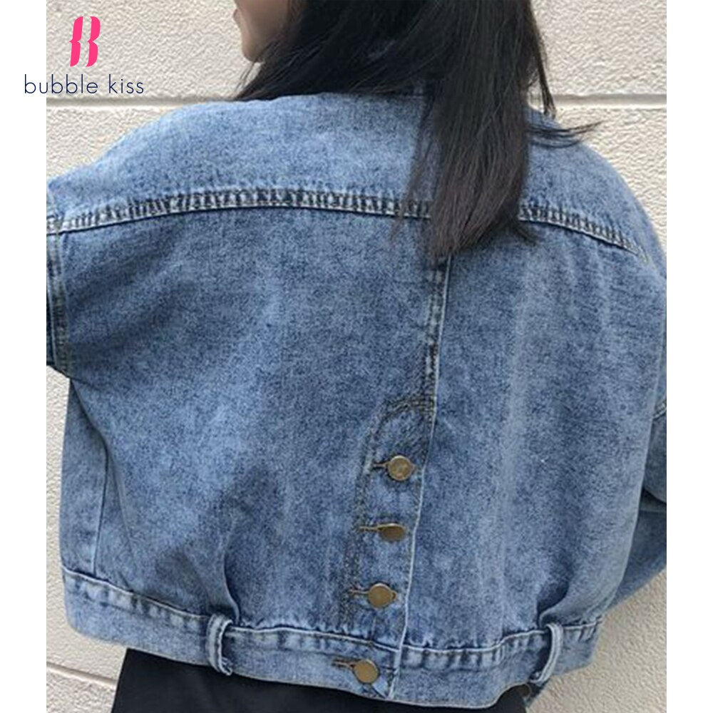 Christmas Gift 2021 Women Autumn Fashion Blue Denim Jackets Coats Female Tops Ladies Coat Solid Color Long Sleeve Outerwear Casual Short Style