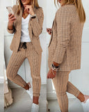 PENERAN Autumn Women Plaid Print Blazer Coat & Drawstring Pants Sets 2022 Femme Pocket Design Jacket & Trousers Traf Office Lady Outfits