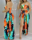 PENERAN Women Sexy Tie Dye Print Bandeau Crop Top & Drawstring High Slit Skirt Sets