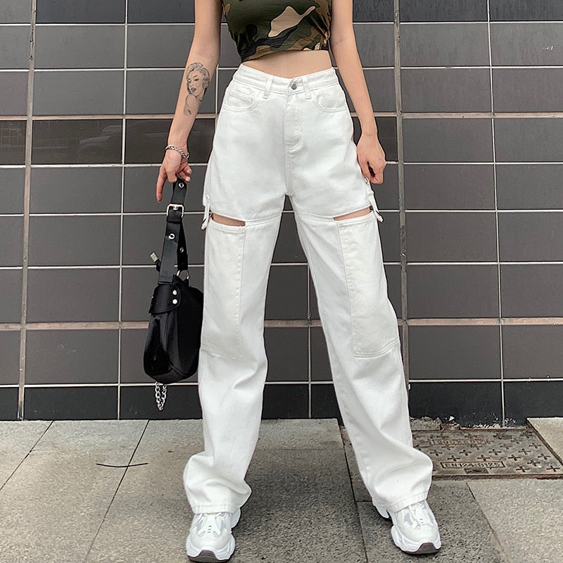 PENERAN  2023  Vintage Hollow Out Women'S Jeans Plus Size Pockets White Harajuku Korean Baggy Straight Pants StreetWear Wide Leg Jeans