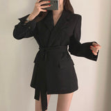 PERNERAN Vintage Bandage Women Blazer Turndown Collar Sashes Women Jacket Elegant Slim Outerwear 2023 Autumn Full Sleeve Blazers Jacket