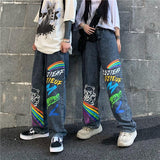 Rainbow Graffiti Printed Cotton Jeans Women'S Summer Harajuku Long Pants High Waist Jeans Streetwear Hip-Hop Prom Women Jeans