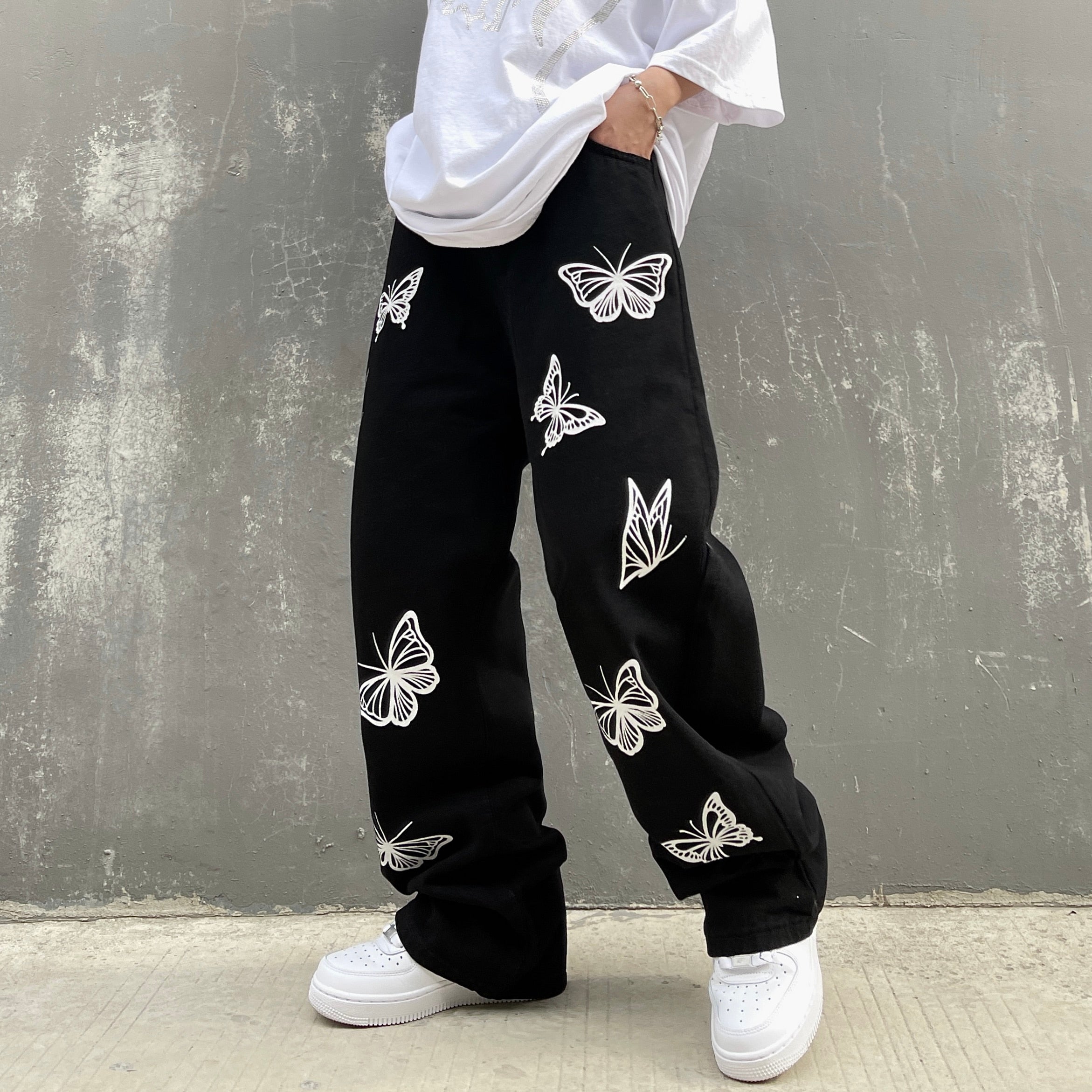 Black baggy jeans female butterfly print aesthetic denim pants fashion high waist straight long pants women streetwear 2022