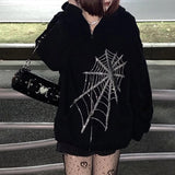 Christmas Gift Gothic Black Rhinestone Punk Hooded Women Fairy Grunge Dark Academia Jacket Coat Harajuku Zipper Sweatshirts Emo Alt Clothing