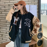 Back to School Vintage Bear Embroidery Baseball Uniform Women Single Breasted Splice Loose Jackets 2022 Korean Style Streetwear Casual Coats