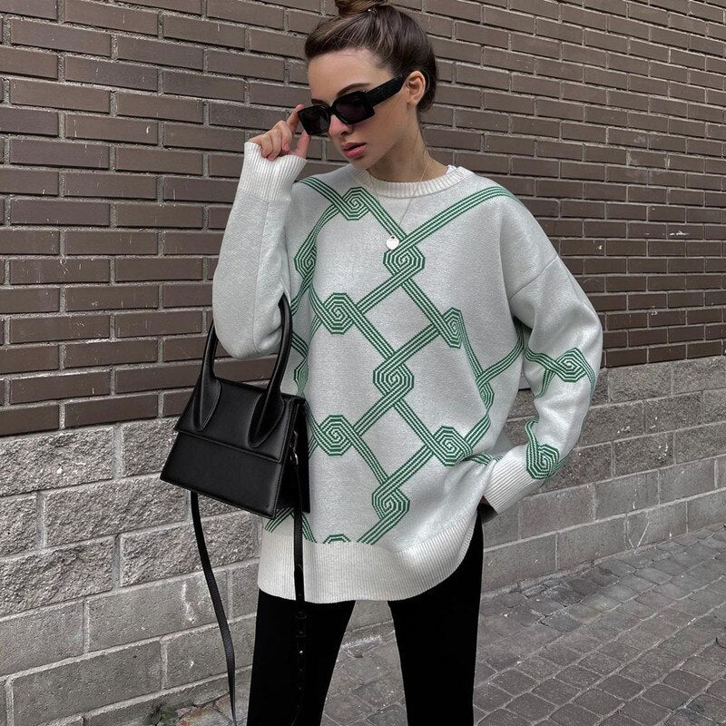 Women Checkered Print Knitted Sweater Pullovers Female Casual O Neck Tops 2021 Spring Autumn Fashion Long Sleeve Knitted Jumpers