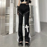 Gothic Dark Black Cross Lace Trousers Punk Rivets Lace Stitching Bell Bottoms Female Streetwear Y2k High-waisted Women Pants