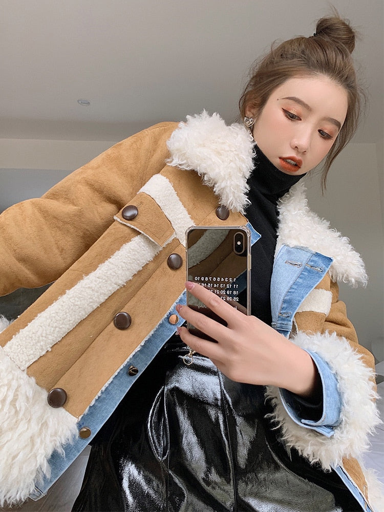 Christmas Gift  High Street Patchwork Denim Coat For Women Lapel Loose Long Sleeve Single Breasted Coats Female 2021 Winter Clothes