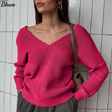 Peneran Winter Spring Female Plum Red Solid V-Neck Sweaters Women's Oversize Sweater Long Sleeve Backless Sexy Knitted Top