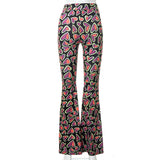 Vintage Wide Leg Flared Long Pants Women Multicolor Printed High Waist Bag Hip Trousers Y2K Fashion Casual Street Outfits