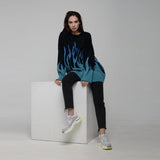 Christmas Gift Oversized Flame Pactwork Print Sweater Women Y2k Casual Color contrast O Neck Long Sleeve Loose Knitted Top Harajuku Streetwear