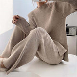 Christmas Gift  Winter Knitted Loose Two Pieces Sets Chic Split Warm Elegant Pullovers Sweaters 2022 Wide Leg Straight Streetwear Pants