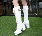 New Big Size 34-43 Ladies shoelace Belt Buckle Platform mid-calf Boots Women 2019 High Chunky Heels Date Shoes Woman