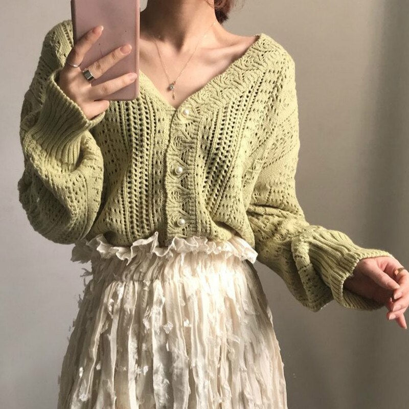 Christmas Gift Cardigan Women Chic Hollow Out Design Elegant V-neck Popular Korean Ladies Knitwear Single Breasted Autumn Trendy Womens Sweater