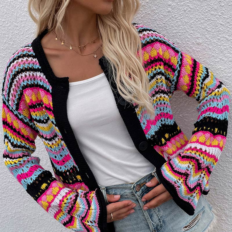 Christmas Gift Women's Long Sleeve Knitted Sweaters Open Stitch 2021 Autumn Winter Single Breasted Striped Sweater Female Office Lady Cardigan