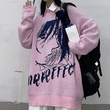 Japanese Anime Print Winter Sweater Female Cool Girl Casual Thickening Warm Oversized Sweater Pullover Pink Kawaii Streetwear