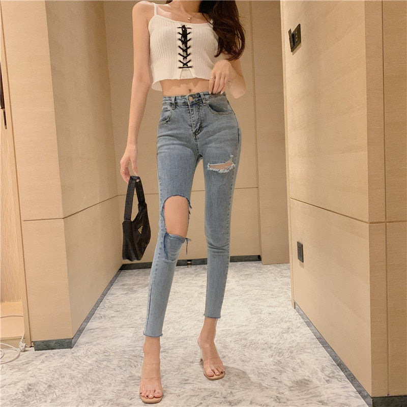 Vintage Ripped Skinny Jeans for Woman High Waist Elastic Denim Light Blue Pencil Pants Woman Denim Hole Korean Y2k Jean Female