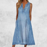 PENERAN Sleeveless V Neck Denim Dress Shrink-Resistant Pockets Large Hem Women Midi Dress Streetwear