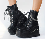 Brand Ladies Fashion Punk Chain Rivet Platform Ankle Boots Cross Tied Zip Wedges High Heels Women Boots Goth Street Shoes Woman