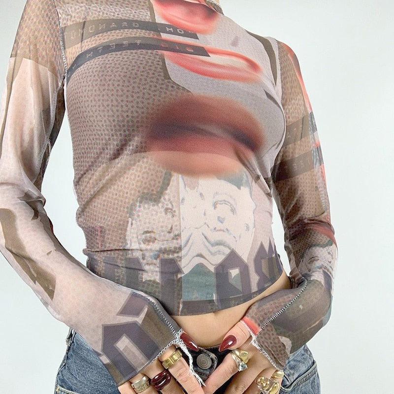 Harajuku Print Mesh Sheer T-shirt Fairycore Grunge See Through Full Sleeve Crop Top y2k Retro Transparent Pullovers Tees Women