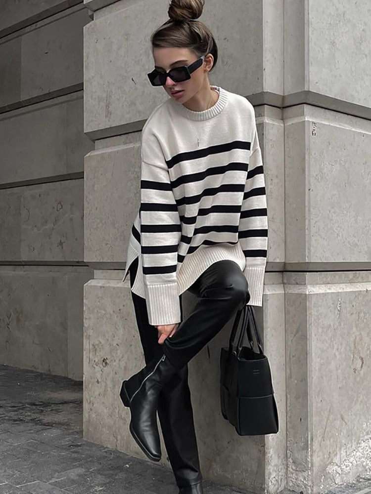 PENERAN  2022 Autumn Winter Knitted Oversized O Neck Long Sleeve Pullover Women Sweater Casual Patchwork Striped Women's Sweater