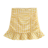 PENERAN 2022 Summer Women Y2K Vintage Two-Piece Set Plaid Print Ruffles Slim Short Shirt Female High Waist Casual Skirt Set