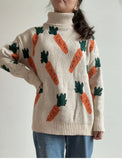 Knitted Sweater Women Turtleneck Carrot Pattern Long Sleeve Pullover Loose High neck Streetwear Yellow Autumn Winter 2022