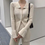 Christmas Gift Elegant Knitted Two Piece Set Women Ribbed Zipper Flare Sleeve Shirts Tops And Elastic Waist Flare Pants Suit Slim Female Outfit
