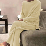 Women's Knitted Set Warm Split Pullover Sweater +wide Leg Pants Female Elegant Suit Two Piece Set 2022 Autumn Winter Knitwear