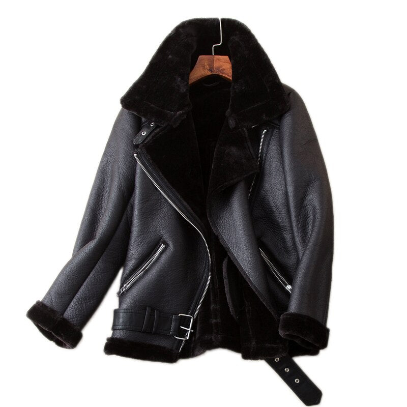 Christmas Gift Ailegogo New Women Winter Lambs Wool Jackets Fur Collar Zipper Parka Warm Thick Outerwear Faux Lamb Leather Jacket Leather Coat