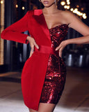 PENERAN Red Pactwork Sequined Dress Asymetrical One Shoulder Long Sleeve Party Dresses Ladies Colorblock Blazer Dress