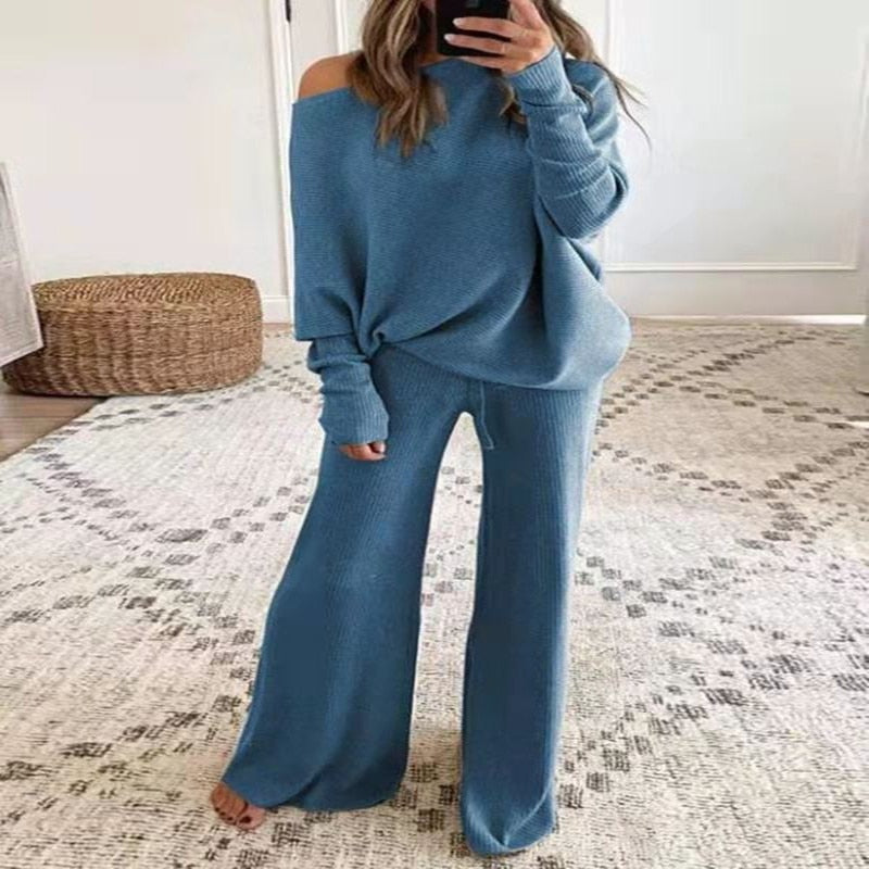 Peneran 2022 European And American New Women's Spring Casual Solid Color One Shoulder Women's Knit Suit