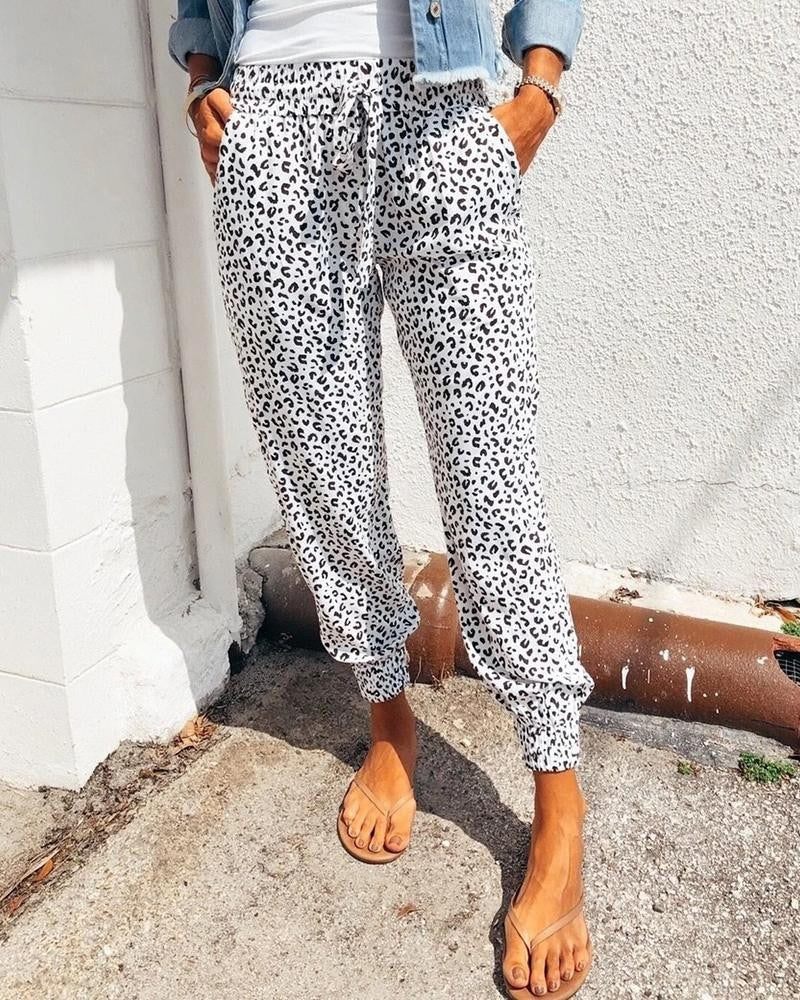 PENERAN Women Leopard Printed Trousers Loose Lace-Up Waist Long Pants With Pockets For Daily Summer Spring Fall Pencil Pant Streetwear