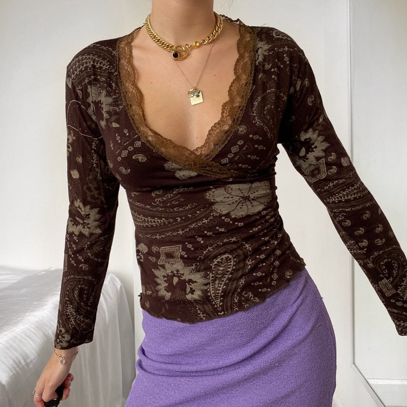 Peneran Lace Deep V Neck Tshirt Fairycore Grunge Vintage Brown Graphic Print Long Sleeve Slim Fit Women Crop Top Autumn Spring Tees