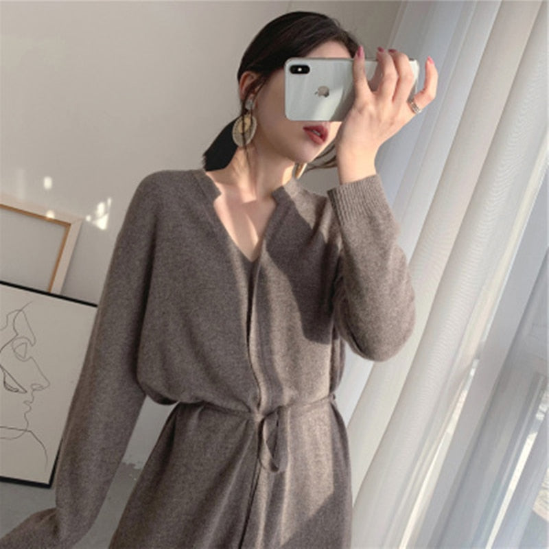 Christmas Gift 2021 Vintage Women Knitted Dress Autumn Winter Brief V-neck Warm Drawstring Lace-up Loose Midi Female Sweater Dress