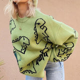 Peneran-O-Neck Long Sleeve Women's Oversize Sweater Solid Dinosaur Printed Y2k Knitted Sweater Loose Casual Oversized Knitted Pullover