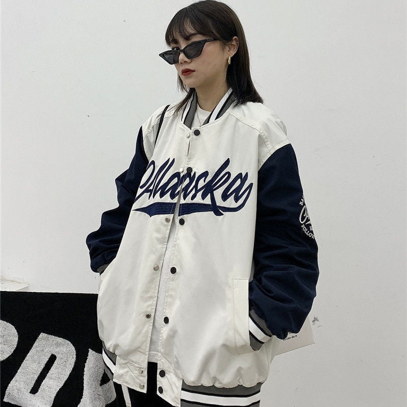 Christmas Gift 2021 Baseball Jacket Women Korean Casual Loose Pocket Letter Print Oversized Bomber Sweatshirt Uniform Streetwear Couple Tops