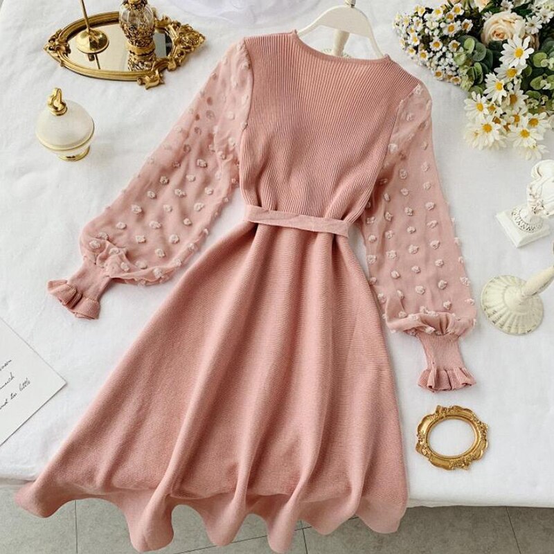 Romantic Women Knitted Pink Party Dress 2021 Fall Winter V Neck Elegant Chiffon Long Sleeve Sashes Dress Ladies Dress