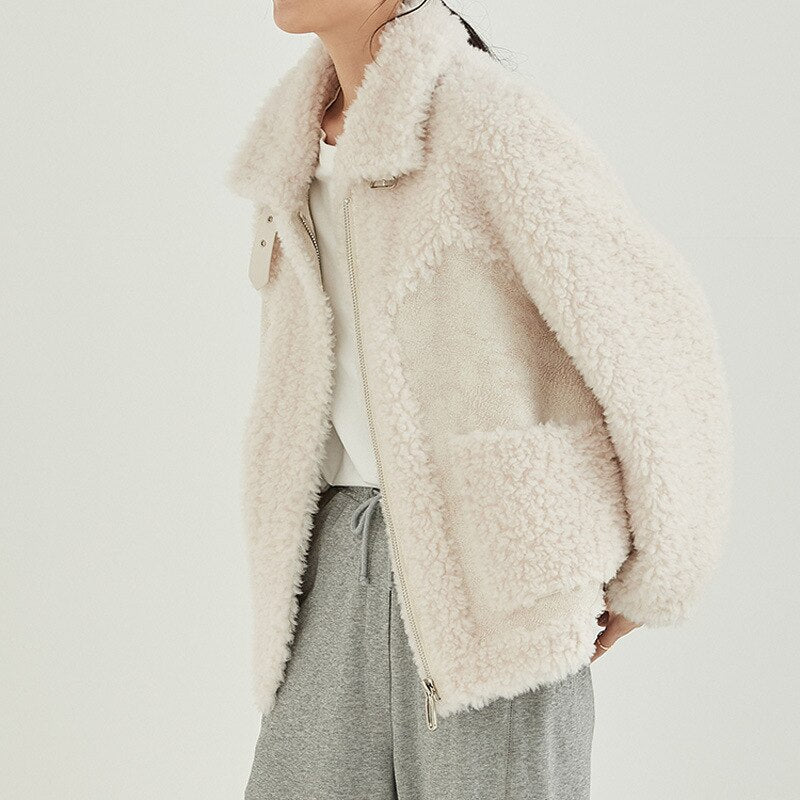Peneran Solid Color Sheep Shearling Fur Short Coats Female Lady Women Composite Fur Wool Jackets Lambswool Warm Outwear Winter 2023 New