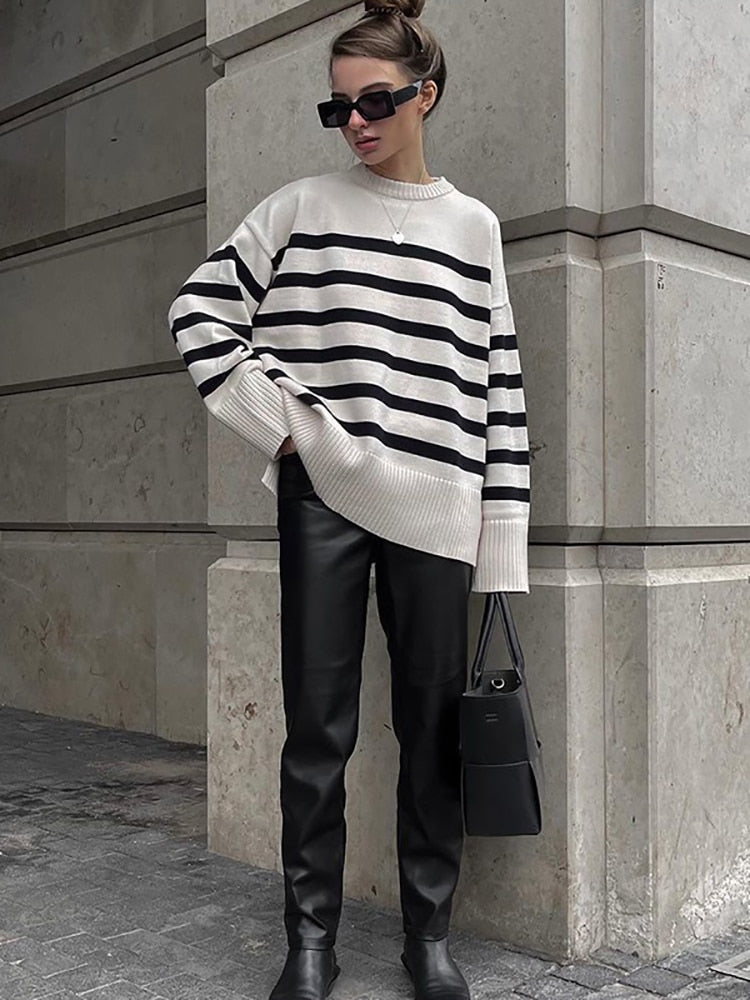 PENERAN  2022 Autumn Winter Knitted Oversized O Neck Long Sleeve Pullover Women Sweater Casual Patchwork Striped Women's Sweater