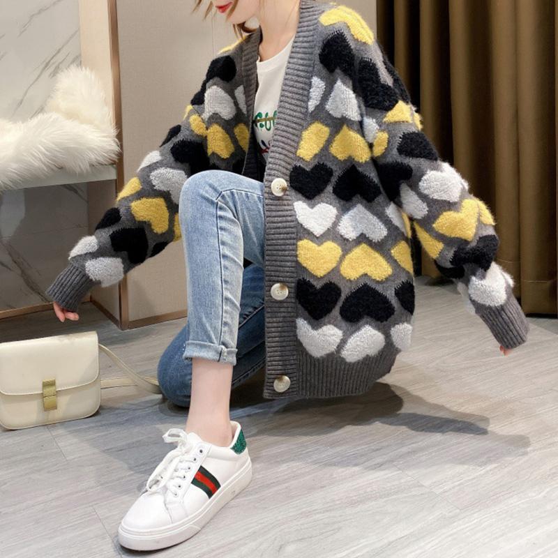 Peneran Cute Girl Knitted Heart Sweater College Style Large Loose Pocket Harajuku V-Neck Button Cardigan Sweater Coat S ~ 2XL
