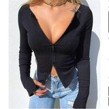 Women T-shirt Spring Autumn Clothes Ribbed Knitted Long Sleeve Crop Tops Zipper Design Tee Sexy Female Slim Black White Tops