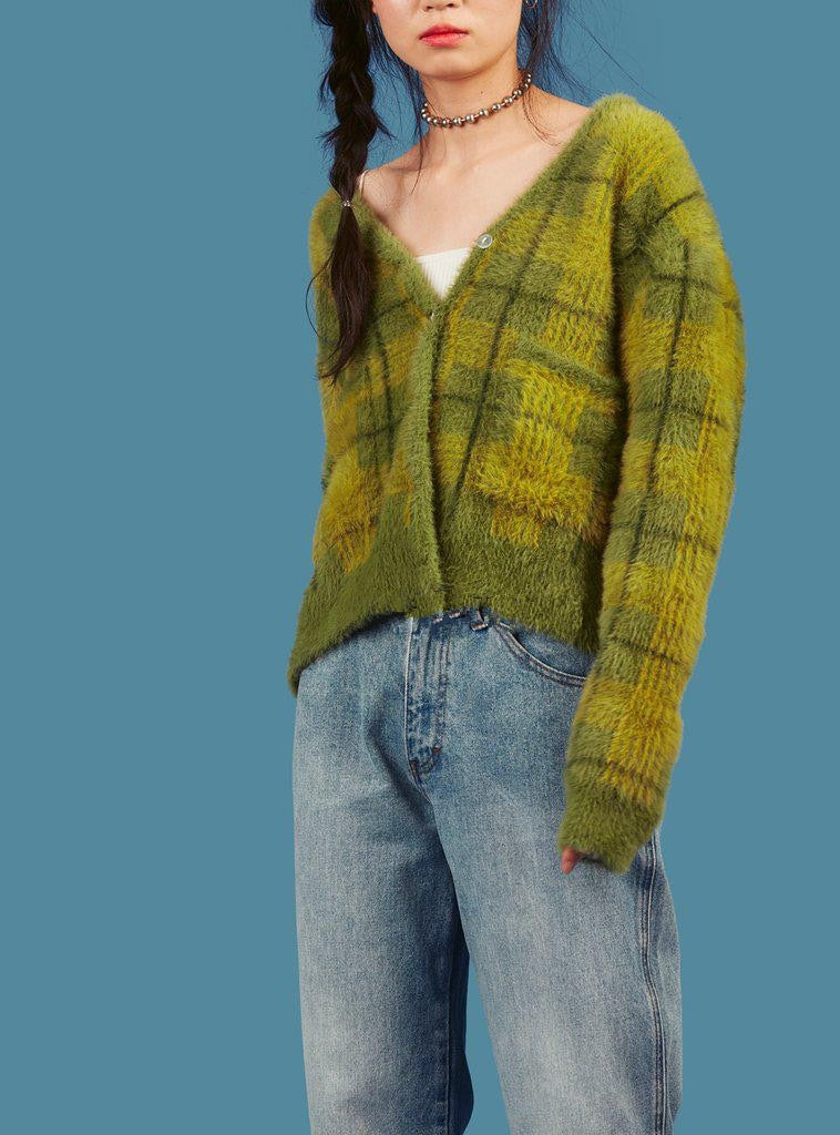 Vintage Mohair Sweater Women Knitted Cardigans Harajuku Lazy Style Ladies V-Neck Button Fuzzy Plaid Cardigan Fluffy Knitwear Top