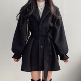 Women Autumn Winter Slim Wool Coats With Belt Lantern Long Sleeve Turn Dwon Collar Outwear Female Chic Elegant Coat