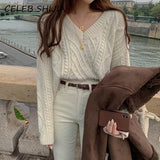 New Autumn Twist Sweater Woman V-neck Long-sleeve Loose Knitting Pullovers Jumper Female Apricot Warm Knitted Tops 2021